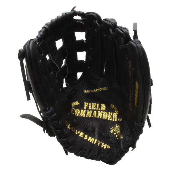 Top-down view of a black baseball glove with gold Field Commander and Glovesmith branding.