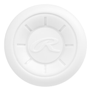 Top-down view of a white baseball bat end cap with a raised Rawlings R logo in the center and radial lines.
