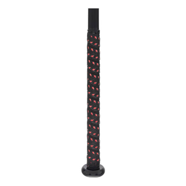 Close-up of a black softball bat grip with red accents and a black end cap.