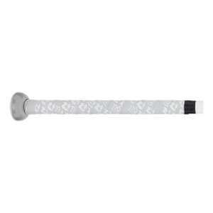 Side view of a light grey bat handle with white patterns on the grip, a silver knob, and black end tape.