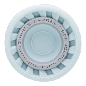 Top-down view of a light blue softball bat end cap with DOUBLE BARREL TECHNOLOGY text, an Easton logo, and a ribbed edge.