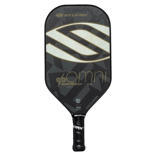 Front view of a black pickleball paddle with a large white S graphic, OMNI text, and Selkirk branding.