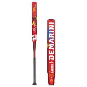Two side views of a red softball bat with a rooster graphic, L. Carter signature, and DEMARINI text.