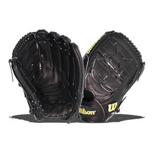 Front view of a black baseball glove with white stitching and yellow Wilson branding.