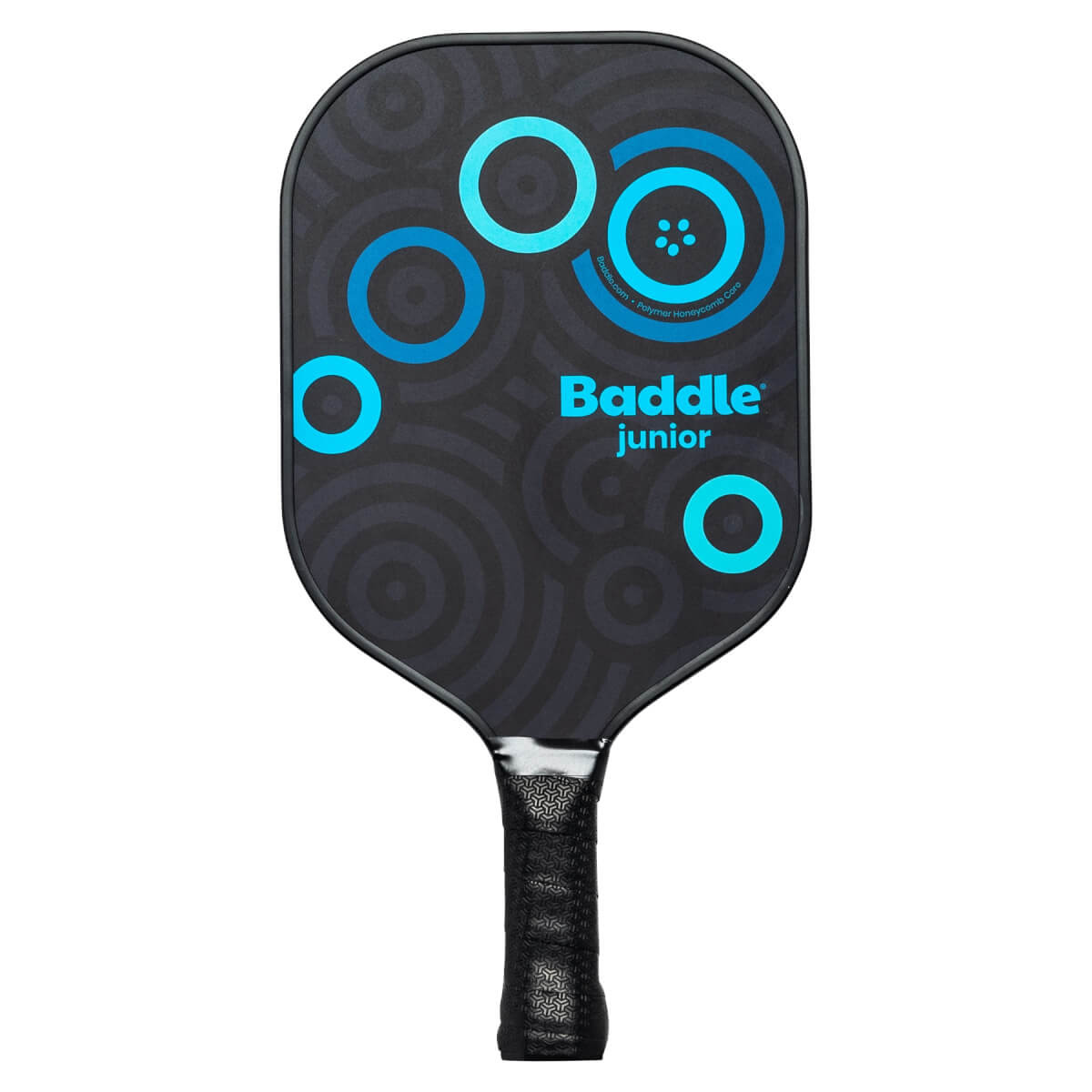 Front view of a black Baddle Junior pickleball paddle with blue circles and grip.