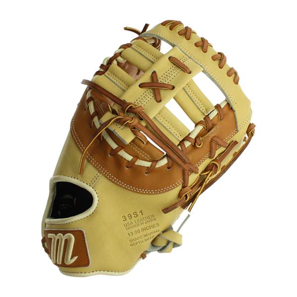 Top-down view of a tan and brown first base mitt with 39S1 USA LEATHER text and an m logo.