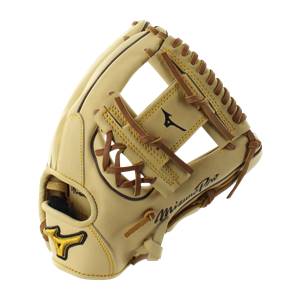 Side view of a tan baseball glove with Mizuno Pro branding and a black bird logo.