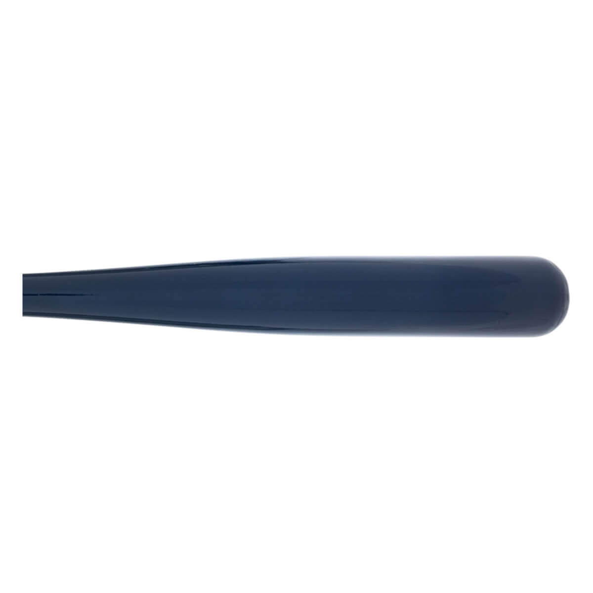 Side view of a blue baseball bat with a smooth, rounded end.