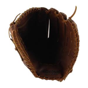 Top-down view of a brown softball glove with Nokona and WS-1200 visible.