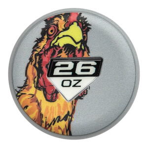 End cap view of a silver bat end cap with a colorful rooster graphic and a black and white 26 OZ emblem.