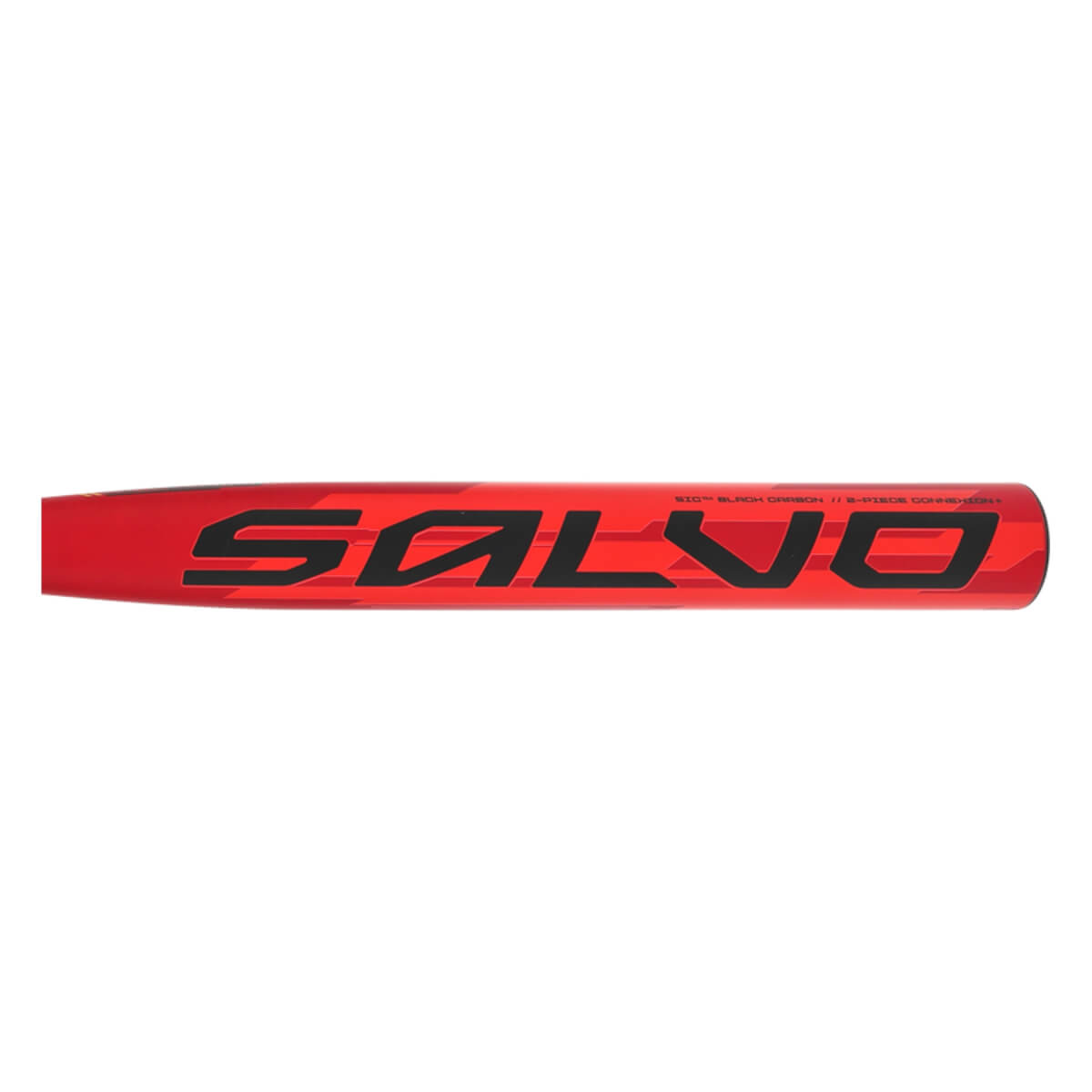 Side view of a red softball bat with black SALVO lettering and camouflage pattern.