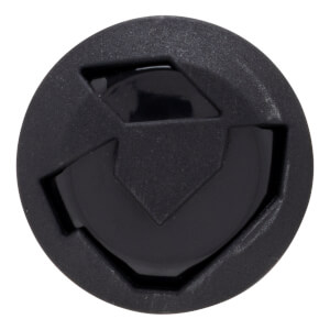 Top-down view of a black softball bat end cap with a matte outer ring and glossy geometric center design.