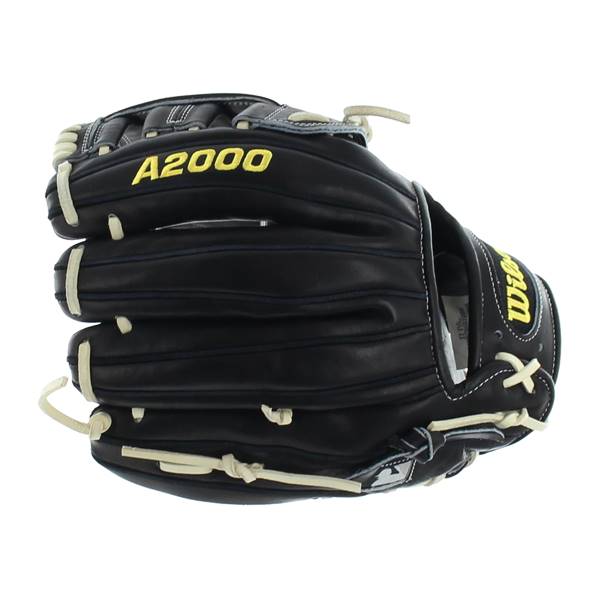 Side view of a black baseball glove with yellow A2000 text and white lacing.