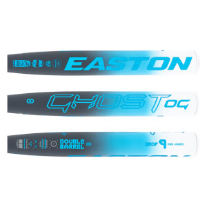 Side view of gray, blue, and white softball bat barrel sections with EASTON, GHOST OG, and DOUBLE BARREL text.