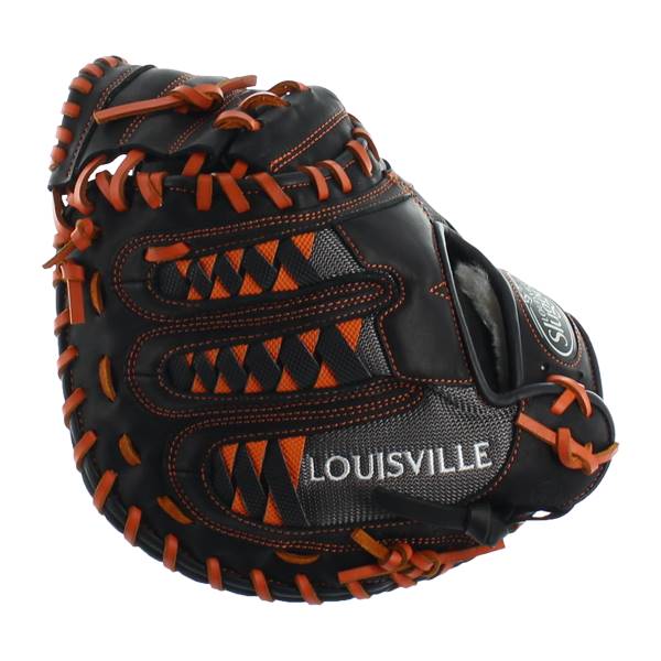 Side view of a black Louisville Slugger baseball glove with orange lacing and a mesh web.