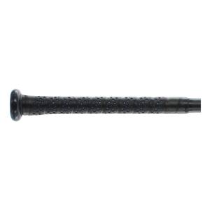 Side view of a black baseball bat with a textured grip and blue accents.