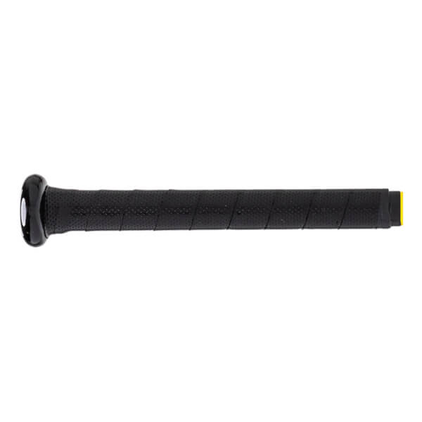 Side view of a black baseball bat with a perforated grip and yellow end cap.