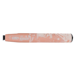 Side view of a peach and white marbled fastpitch softball bat with WHISPER -9 printed on the barrel.