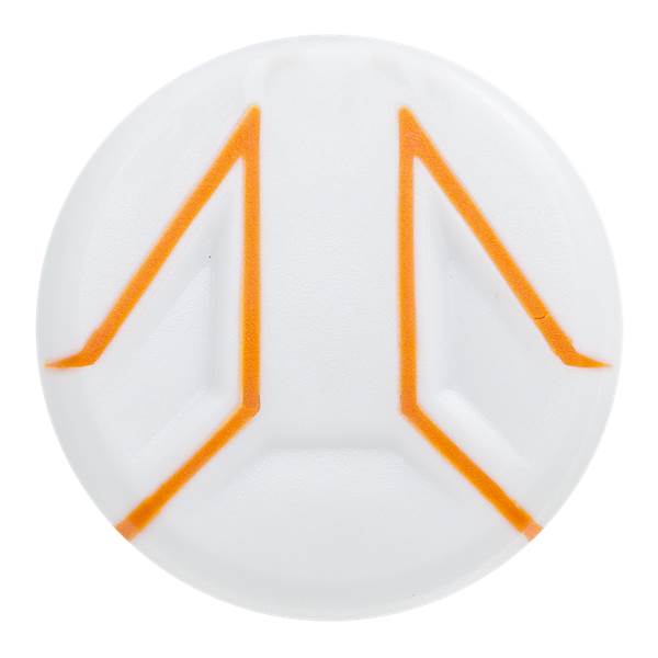 Top-down view of a white baseball bat end cap with orange geometric lines.