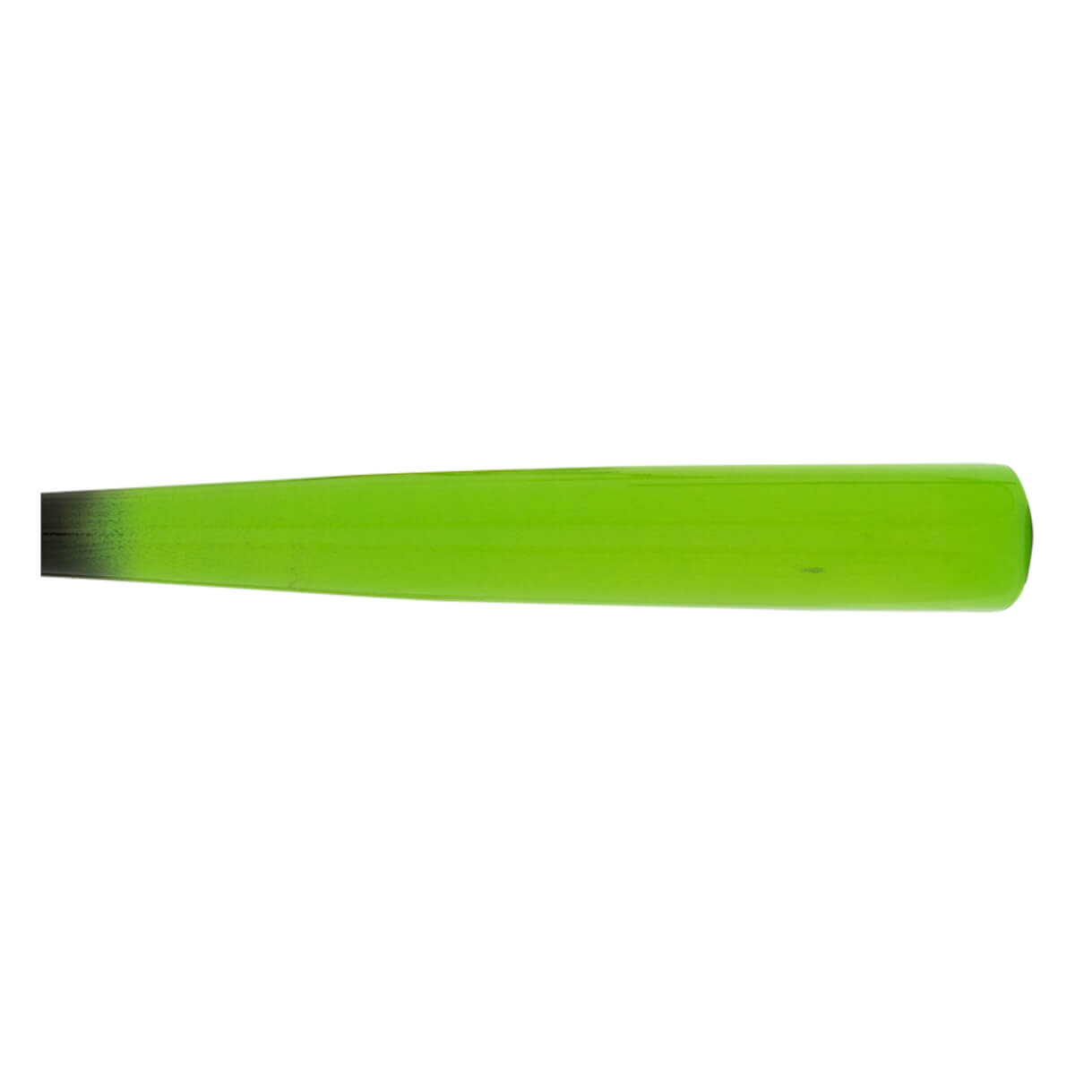 Full view of a vibrant green baseball bat with a black handle fade and rounded barrel end.