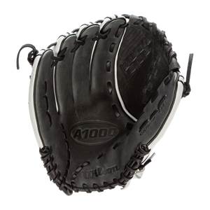 Front view of a black Wilson A1000 glove with white trim and A1000 logo.