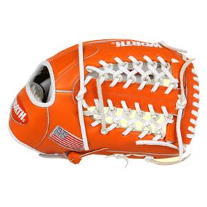 Side view of an orange baseball glove with white lacing and an American flag patch.