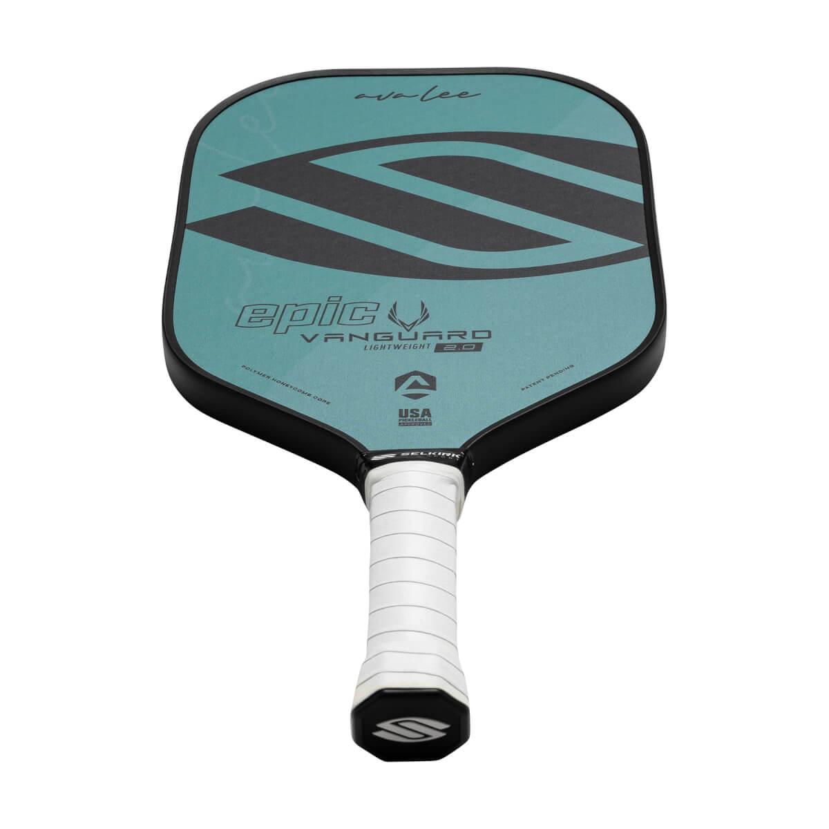 Top-down view of a teal pickleball paddle with black S-shaped graphic, epic VANGUARD LIGHTWEIGHT 2.0 text, and white grip.