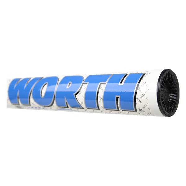 Side view of a white softball bat with blue WORTH lettering and a black end cap.