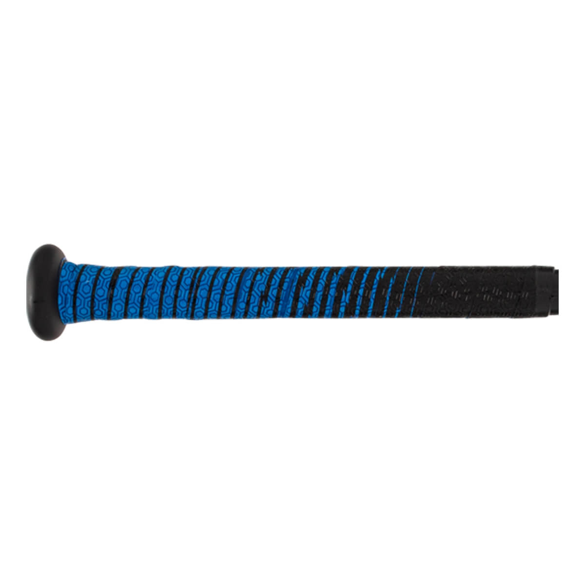 Side view of a black baseball bat with a blue and black patterned grip.