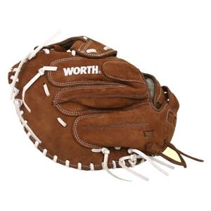 Side view of a brown catchers mitt with white lacing and WORTH branding.