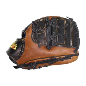 Side view of a brown and black baseball glove with Shoeless Joe branding and visible lacing.