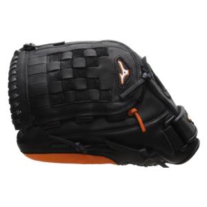 Side view of a black baseball glove with orange accents and a woven web pattern.