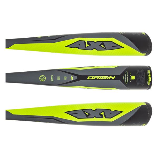 Side view of a gray and neon yellow Axe Origin baseball bat with AXE and ORIGIN logos.