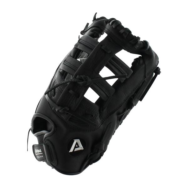 Corner view of a black first base mitt with an A logo and open webbing.