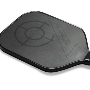 Top-down view of a black pickleball paddle with a target design, PURSUIT RX text, and ENGAGE logo.