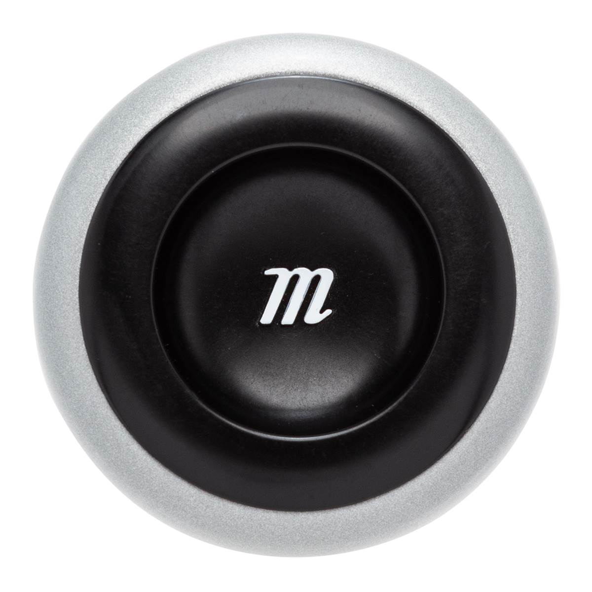 End view of a silver and black baseball bat with a white m logo.