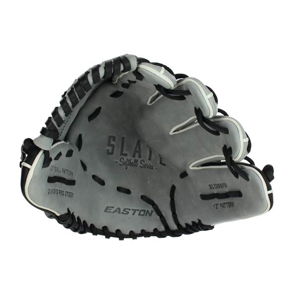 Top-down view of a gray Easton softball glove with black lacing and SLATE branding.