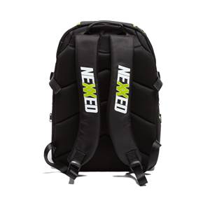 Back view of a black backpack with green NEXXED text on shoulder straps and lime green accents.
