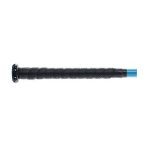 Side view of a black baseball bat grip with blue barrel and perforated texture.