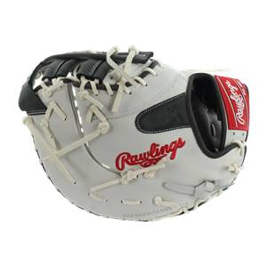 Front view of a white Rawlings first base mitt with red embroidered logo and white lacing.