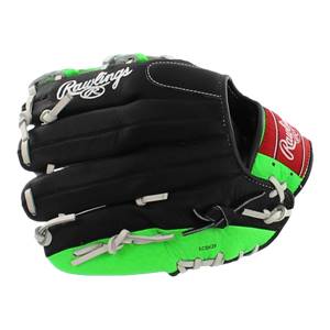 Top-down view of a black baseball glove with green accents and white Rawlings branding.