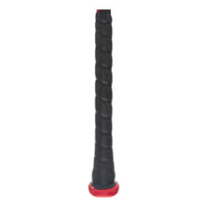 Close-up of a black baseball bat grip with a red end cap.