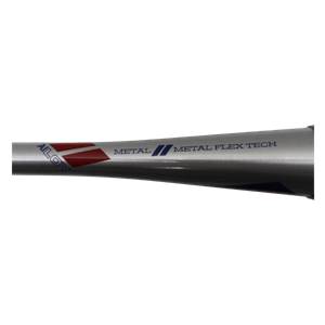 Side view of a silver baseball bat with ALLOY, METAL, and METAL FLEX TECH text.