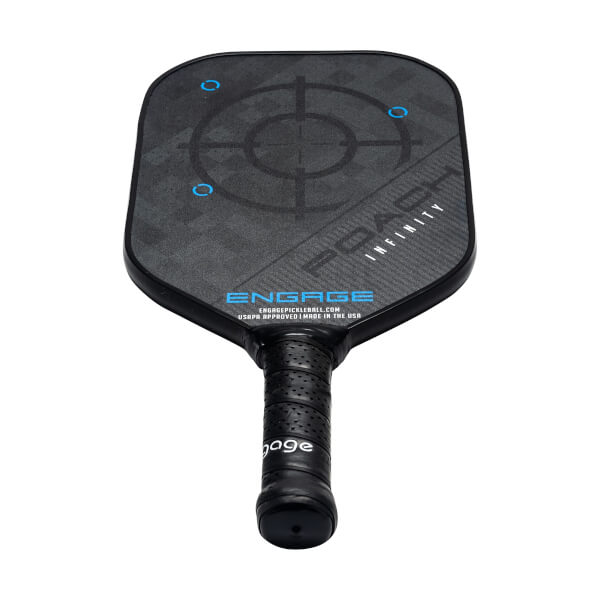 Top-down view of a black pickleball paddle with a target design and POACH INFINITY text.
