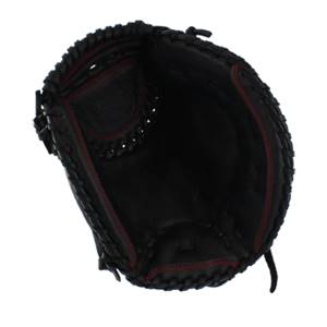 Top-down view of a black catchers mitt with red stitching and a deep pocket.