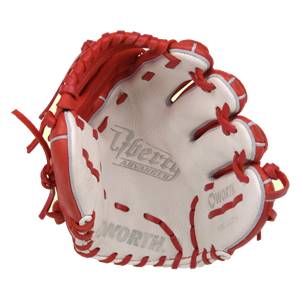 Interior view of a scarlet red baseball glove with white palm, Liberty Advanced and WORTH branding.