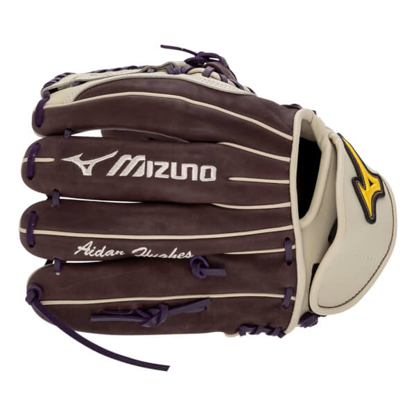 Top-down view of a brown softball glove with white Mizuno branding and purple lacing.