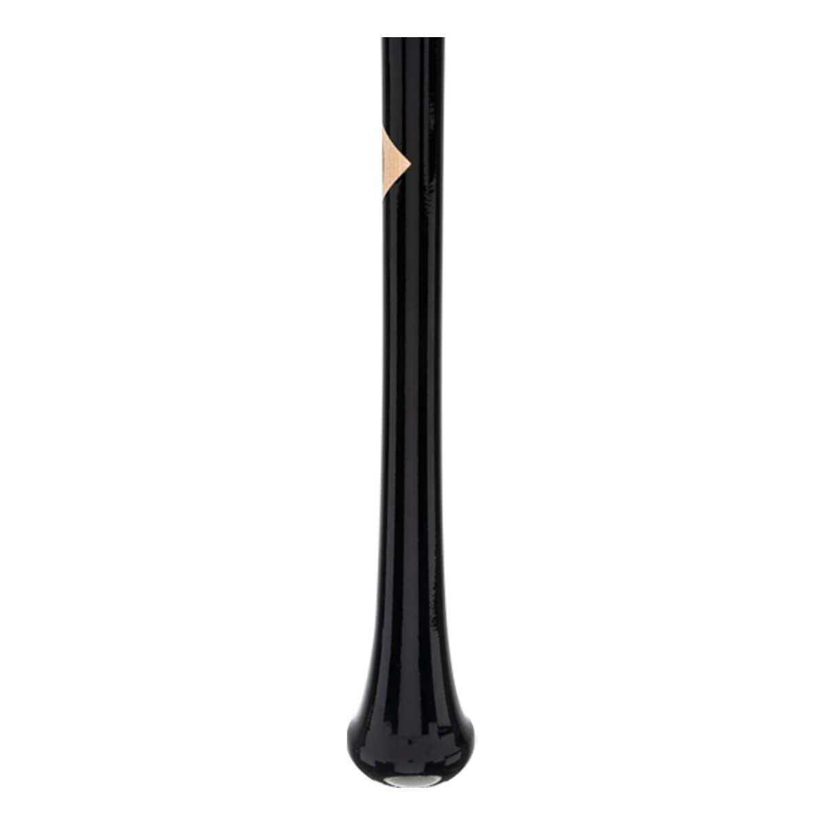 Close-up of a black baseball bat with a glossy finish, a flared knob, and a small light brown diamond detail.