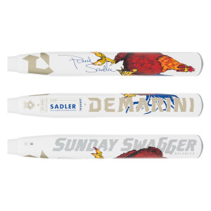 Side view of a white softball bat with a red and yellow rooster graphic, Paul Sadlers signature, and DeMarini branding.