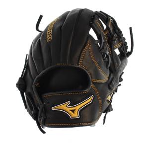Back view of a black baseball glove with gold stitching and a gold Mizuno logo.